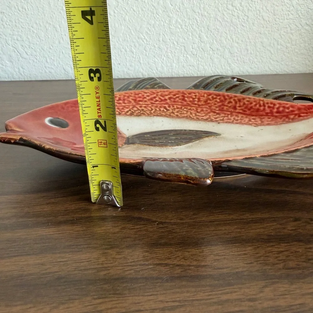 Pier 1 Imports Hand Painted Porcelain Fish Sushi Platter Red Brown Nautical READ